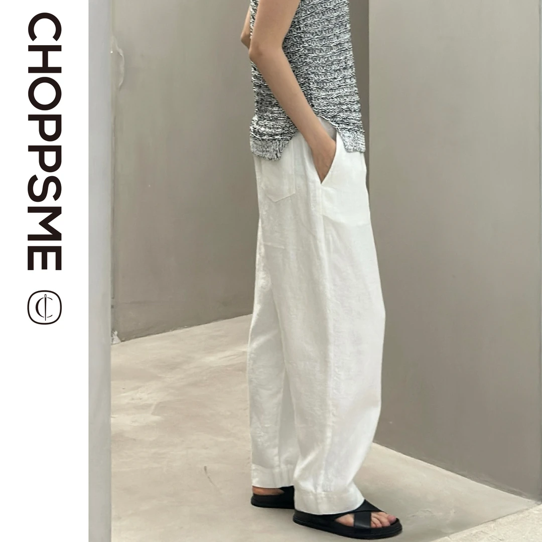 巧珀思｜14080亚麻砂洗做旧柔软 微弧形立裁茧型抽绳松紧高腰长裤