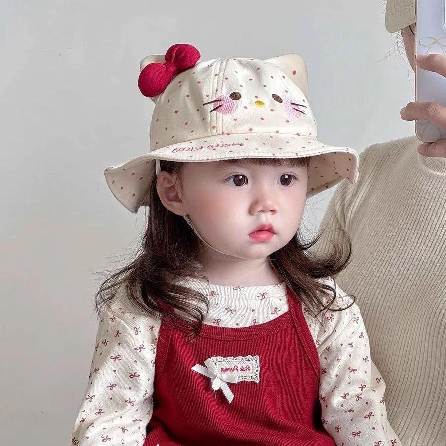 蝴蝶结猫咪婴儿帽子春秋新款宝宝渔夫帽卡通可爱户外出游拍照盆帽