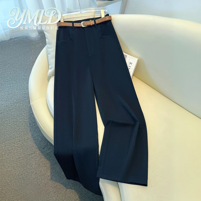 藏青色九分西装阔腿裤女夏季薄款2025新款垂感宽松小个子直筒裤子