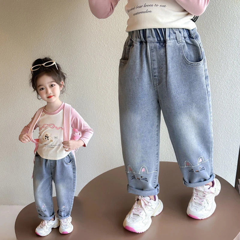（猫咪刺绣)2025中小童女童裤子春秋款刺绣款百搭萝卜裤女童小裤脚
