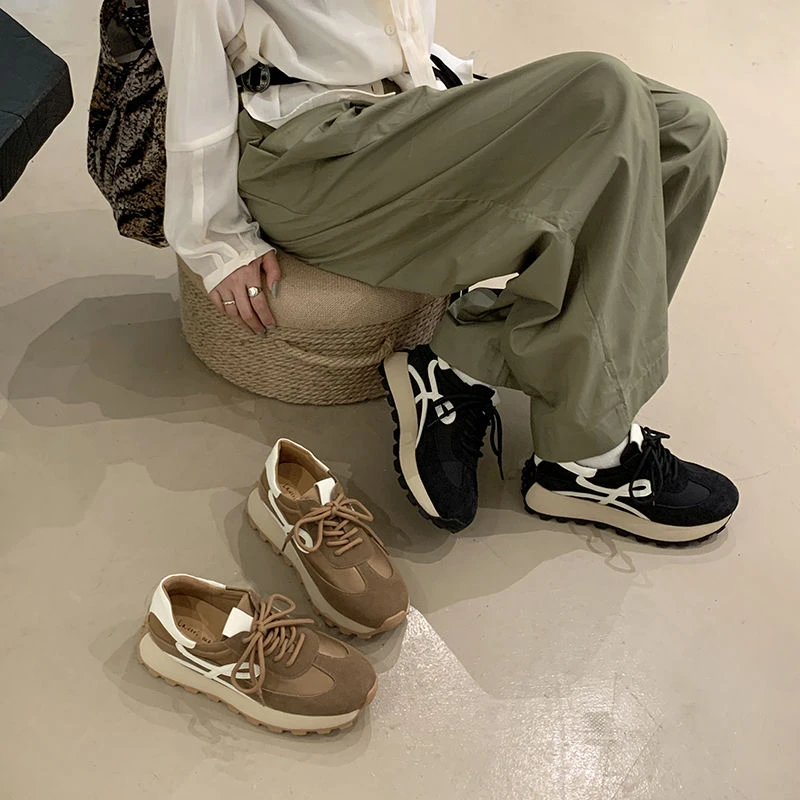 阿甘鞋复古美拉德2025春季新款拼色反绒百搭休闲运动老爹鞋女鞋厚