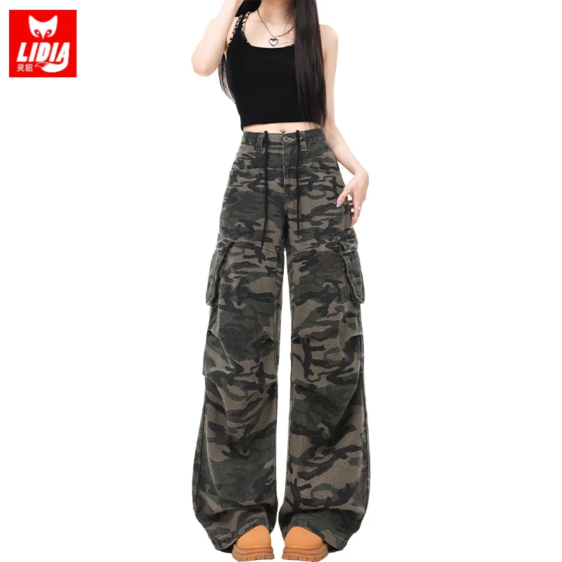美式复古迷彩休闲工装牛仔裤女秋季新款抽绳设计感宽松阔腿喇叭裤