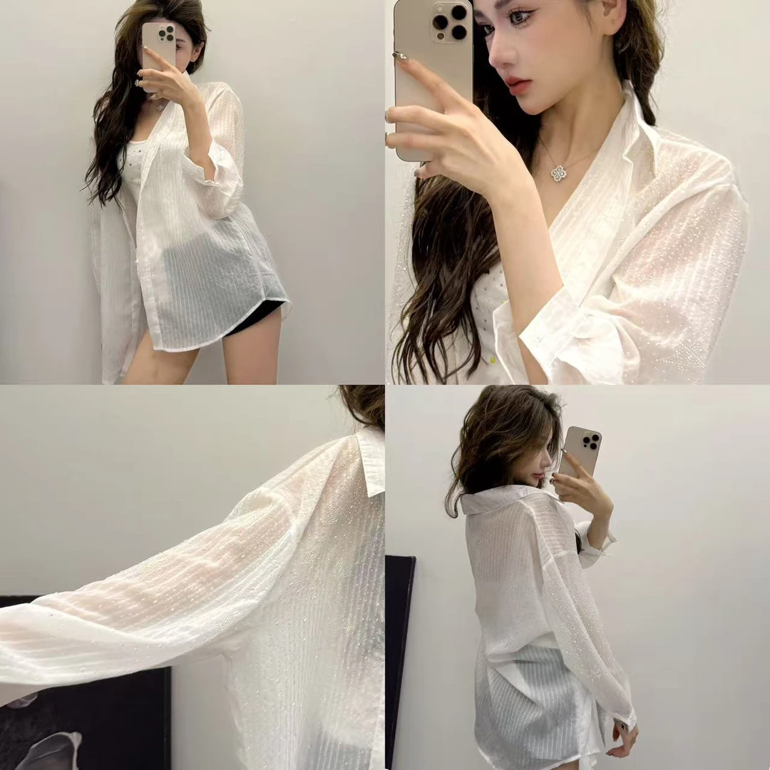 浠儿姐姐 重工七彩五角星钻防晒衫翻领轻薄开衫显瘦衬衫闪闪上衣