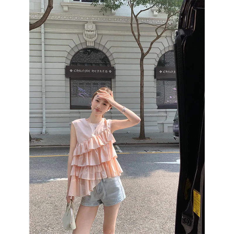 荷叶边不规则无袖上衣女2025秋季新款高腰显瘦直筒休闲牛仔短裤子