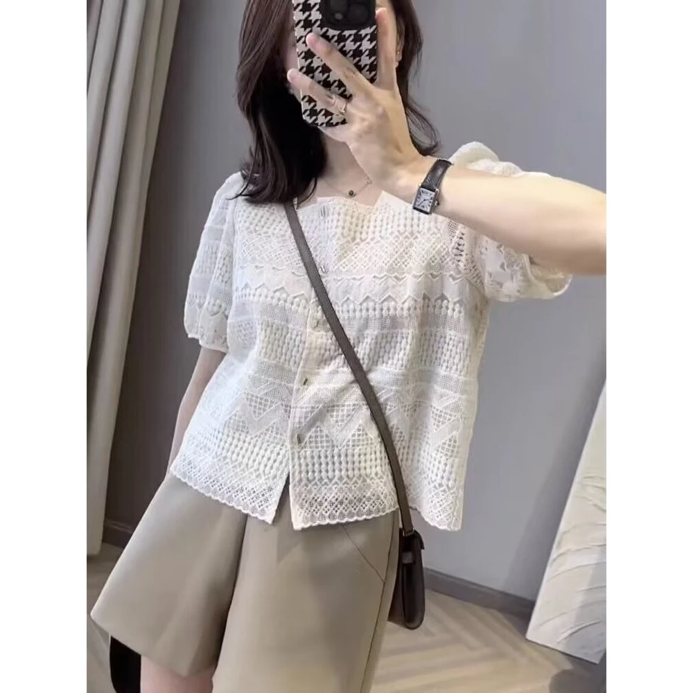 大码女装 胸108-132 小香风镂空蕾丝短袖928#