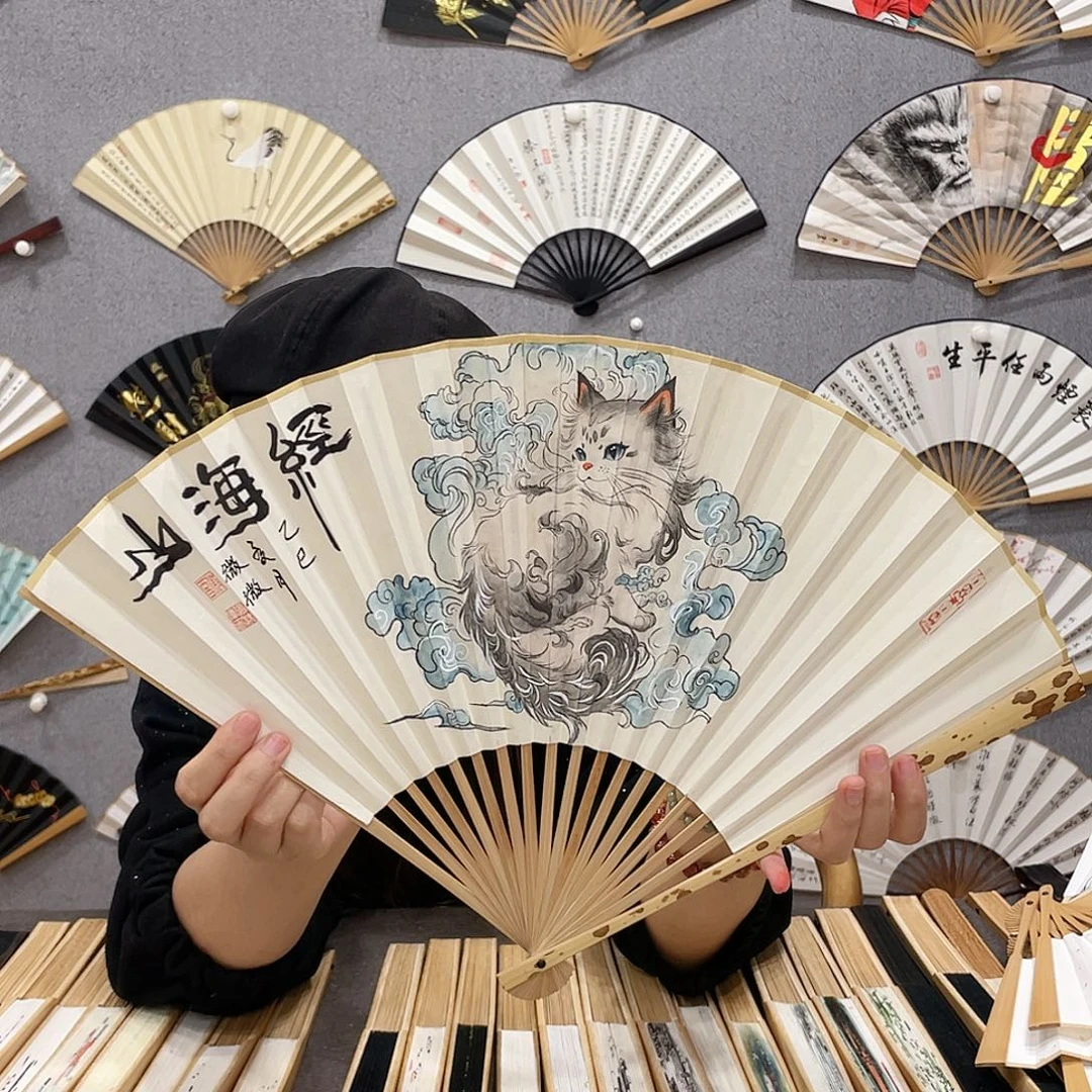 国画95寸梅妃-纯手绘-文玩扇骨（默认粘好）