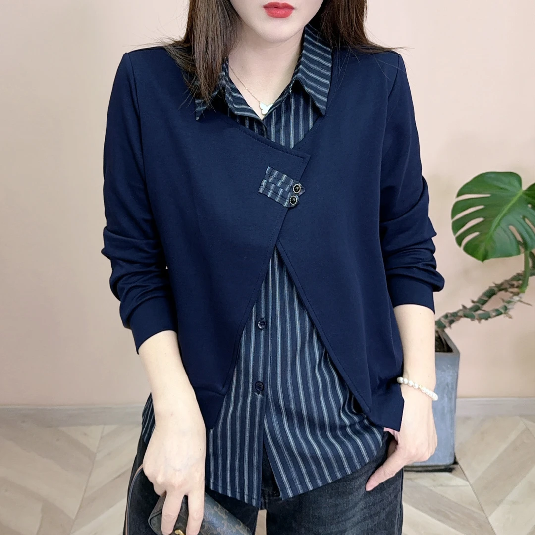 2025早秋新品时尚百搭修身显瘦假两件POLO领衬衫女士长袖上衣8145