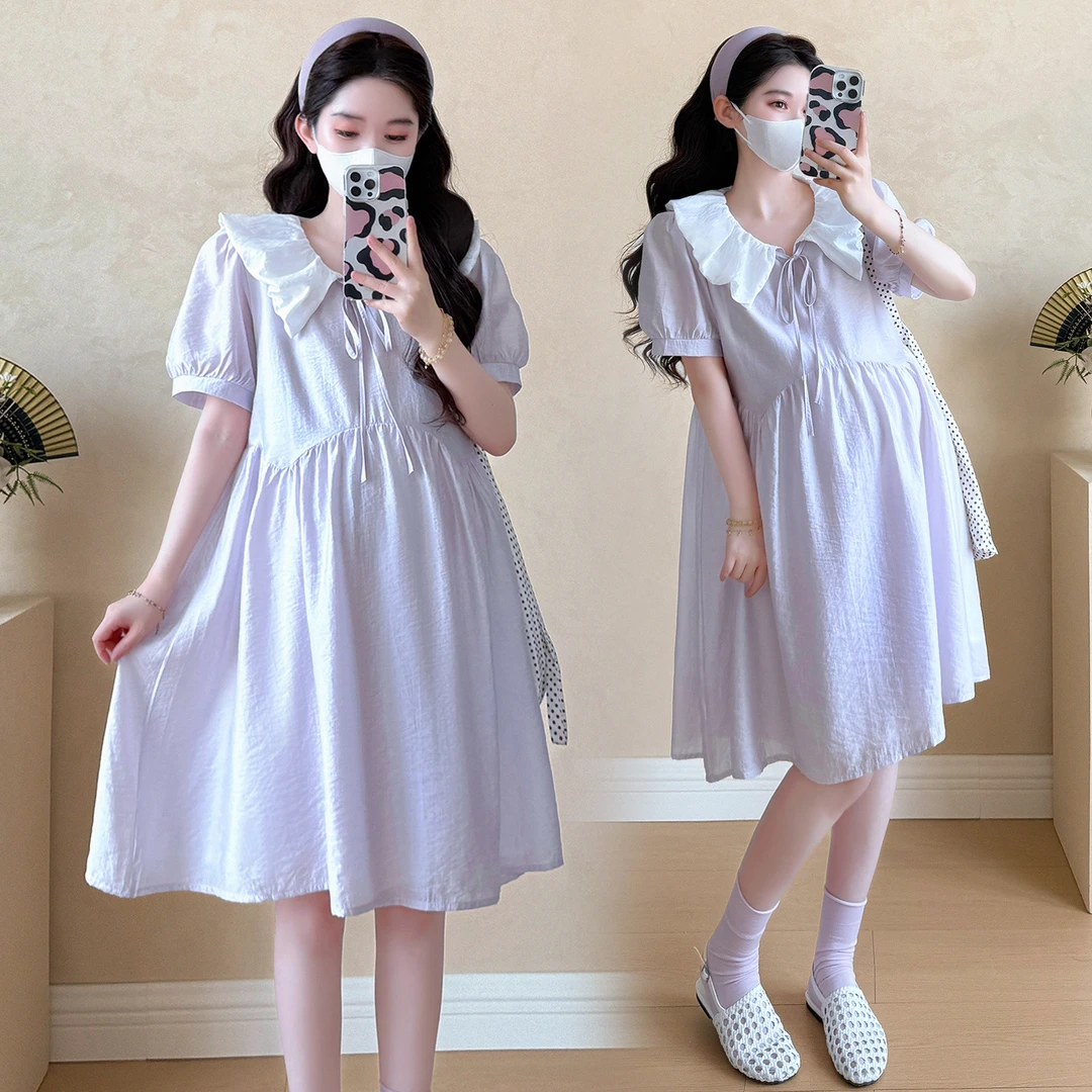 孕妇大码显瘦时尚甜美娃娃领蕾丝花边宽松遮肚系带连衣裙气质洋气