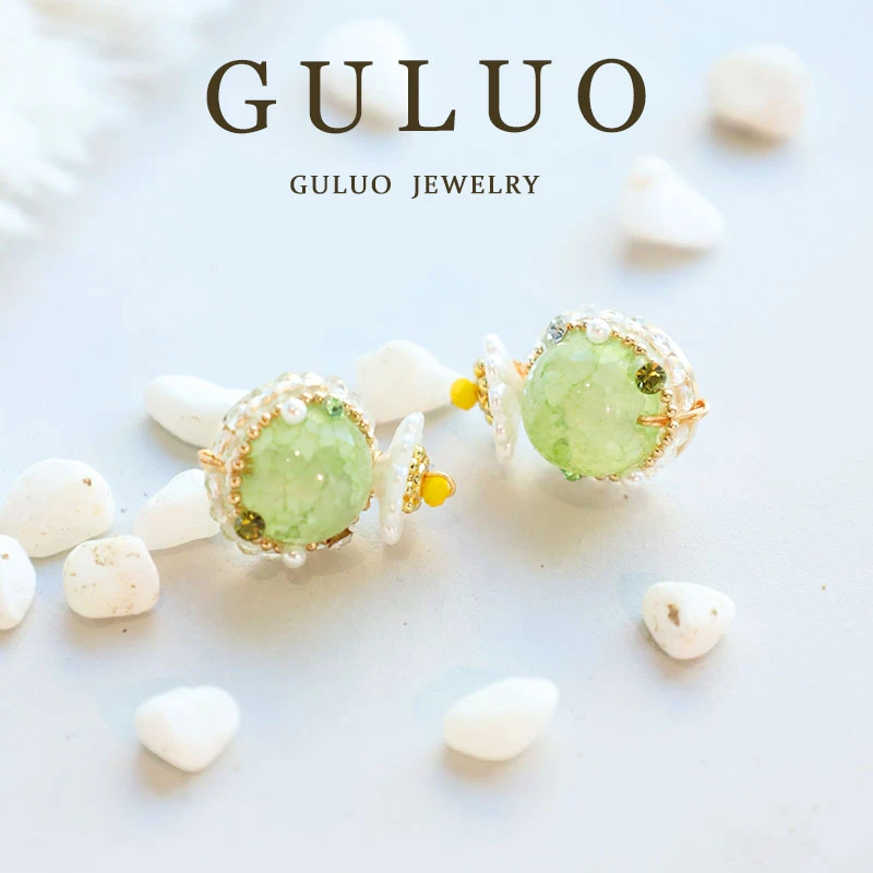 合金仿珍珠耳饰 碧色小花石头耳钉1841气质时尚森系