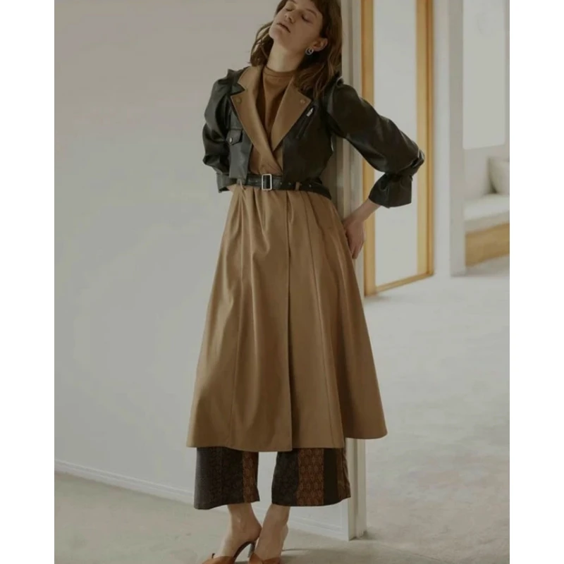 【Yumiko】秋冬上新 代 人气款翻单气质百搭拼接皮风衣