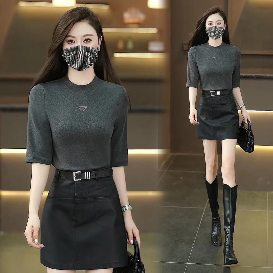 时尚五分袖打底衫女士2025秋季新款气质修身显瘦百搭休闲圆领T恤