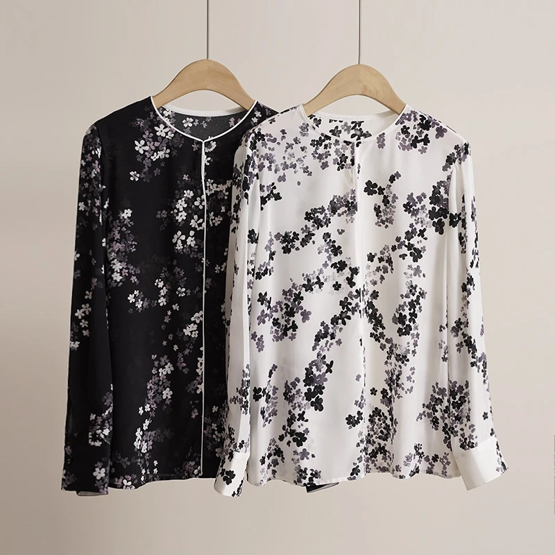 意大利伽D双面印花重磅100%桑蚕丝手工包边女士衬衫上衣（250894）