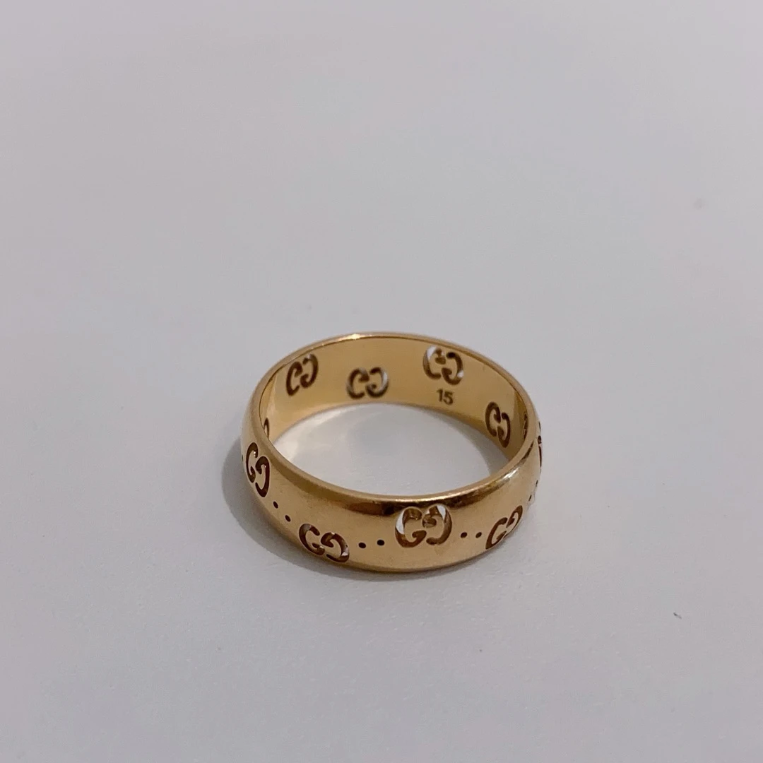 95新 GUCCI/古驰 18k玫瑰金镂空戒指15号15261702