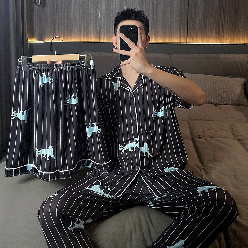 300斤大码男款家居服冰丝开衫睡衣男宽松短袖长裤夏季休闲三件套