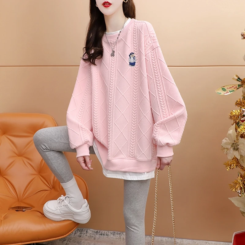 100%聚酯提花布设计感2025秋季假两件中长款刺绣长袖卫衣女百搭