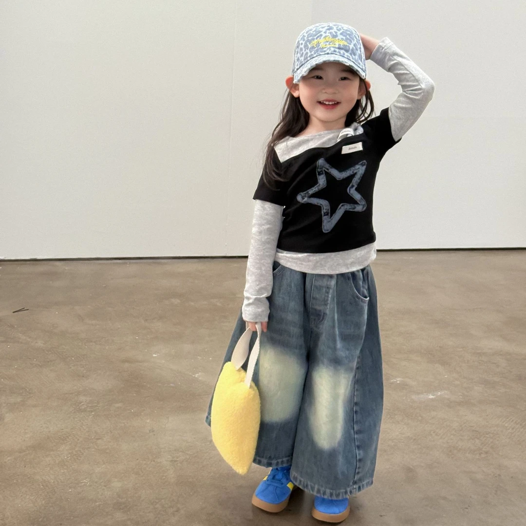 小思家2025秋季新款韩版女童洋气时尚拼接长袖T恤牛仔阔腿裤套装