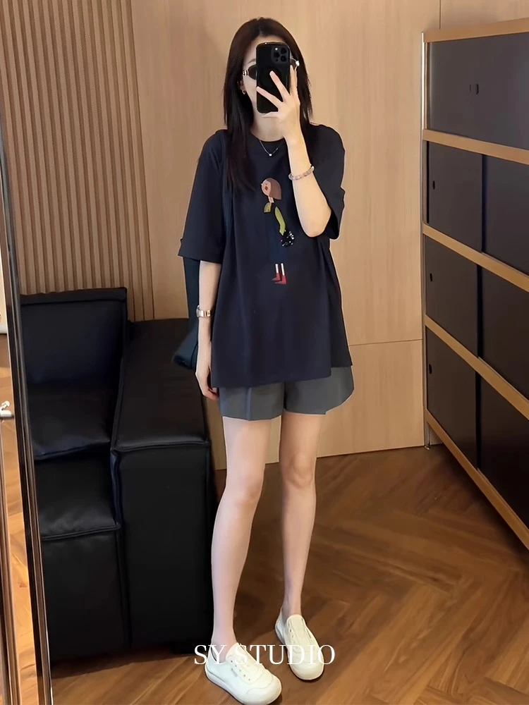 2025超火两件套夏装卡通女孩印花短袖T恤高腰休闲短裤洋气两件套
