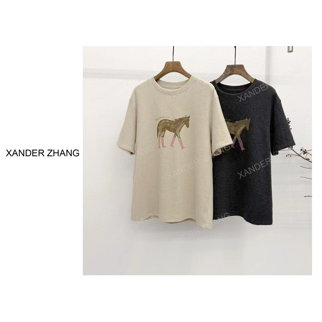 山大张时尚插画穿粉靴子的马减龄磨毛短袖T恤YBT1J956百搭显瘦