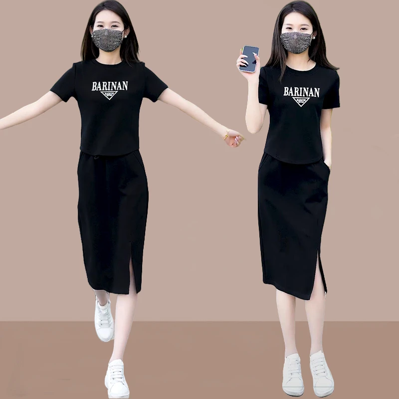 高含棉休闲包臀套装裙女2025年夏季款时尚洋气印花圆领短袖两件套