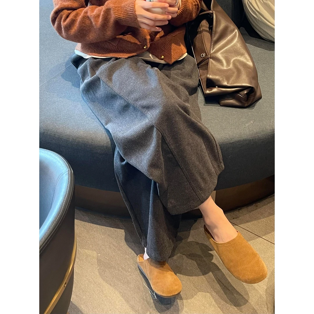 黑灰色加绒加厚毛呢阔腿裤女秋冬新款高腰宽松显瘦慵懒风休闲裤子