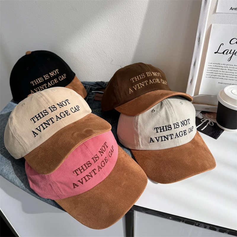 2025春夏美式复古拼色麂皮绒棒球帽女韩版百搭字母刺绣个性街头