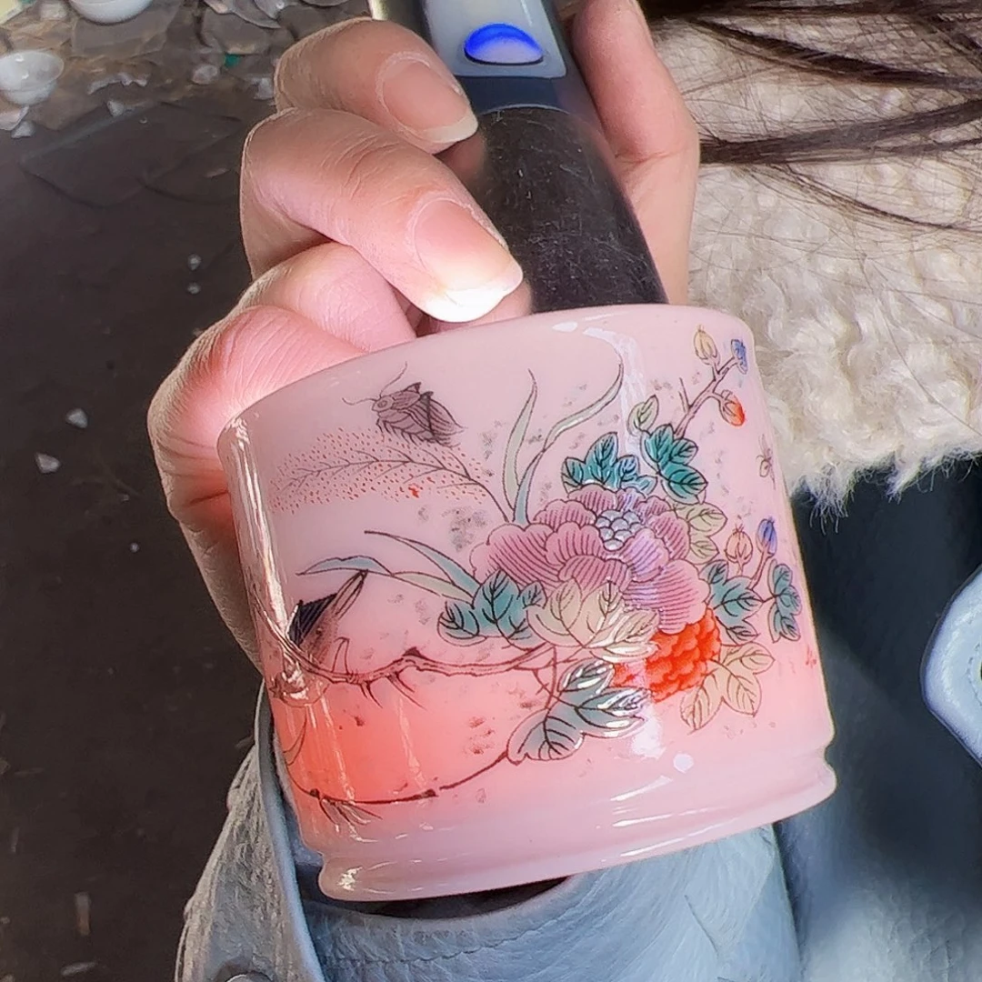 摆件陶景德镇红xixi花鸟杯