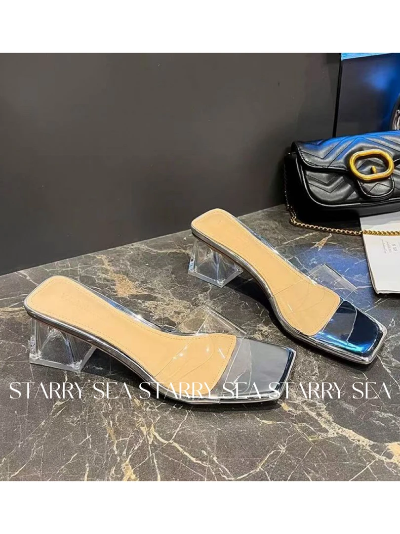 PP 【巨软！显腿长！】带透明粗高跟拖鞋#PP0086XZ