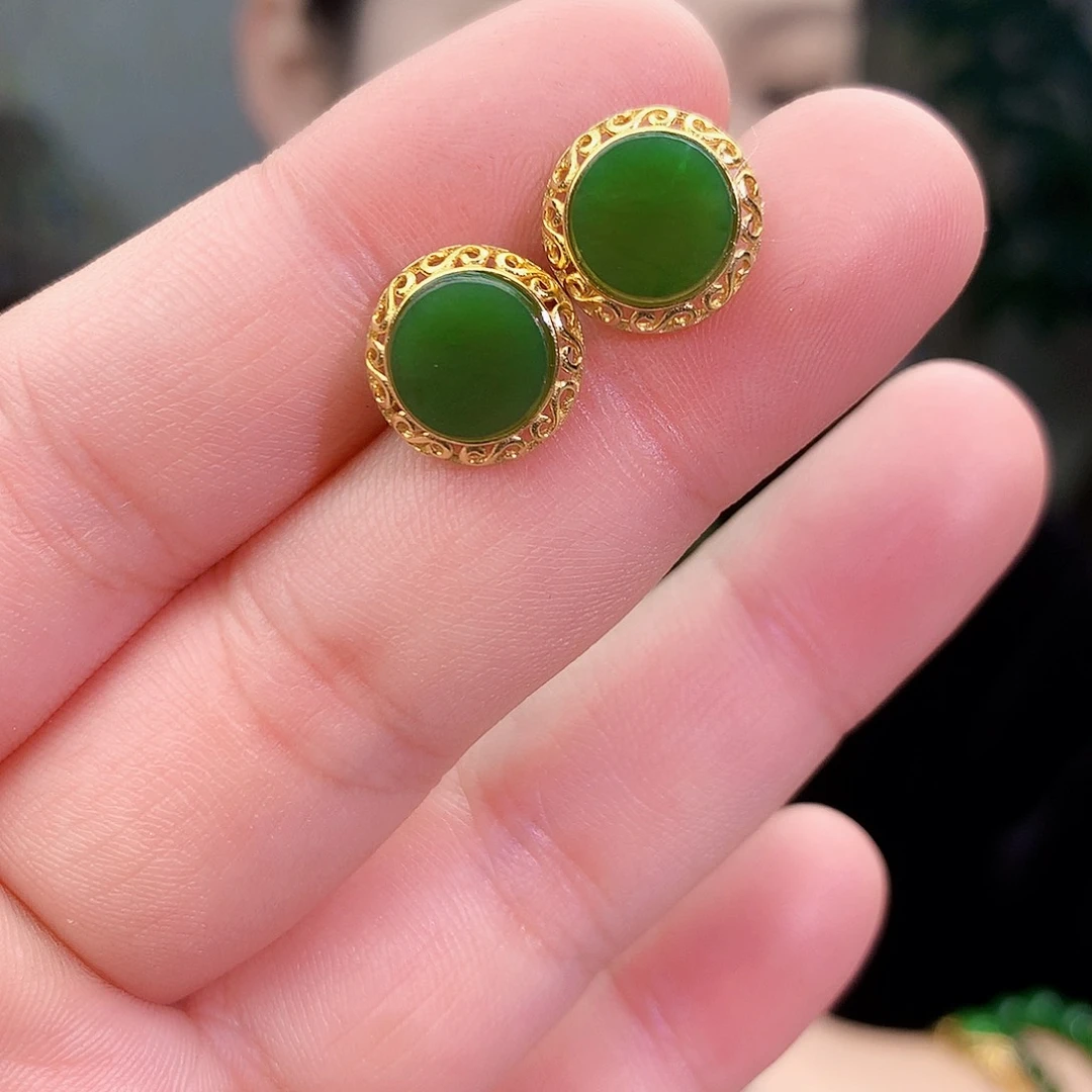 吊坠(不含链)银S925镶嵌和田玉（碧玉）耳钉