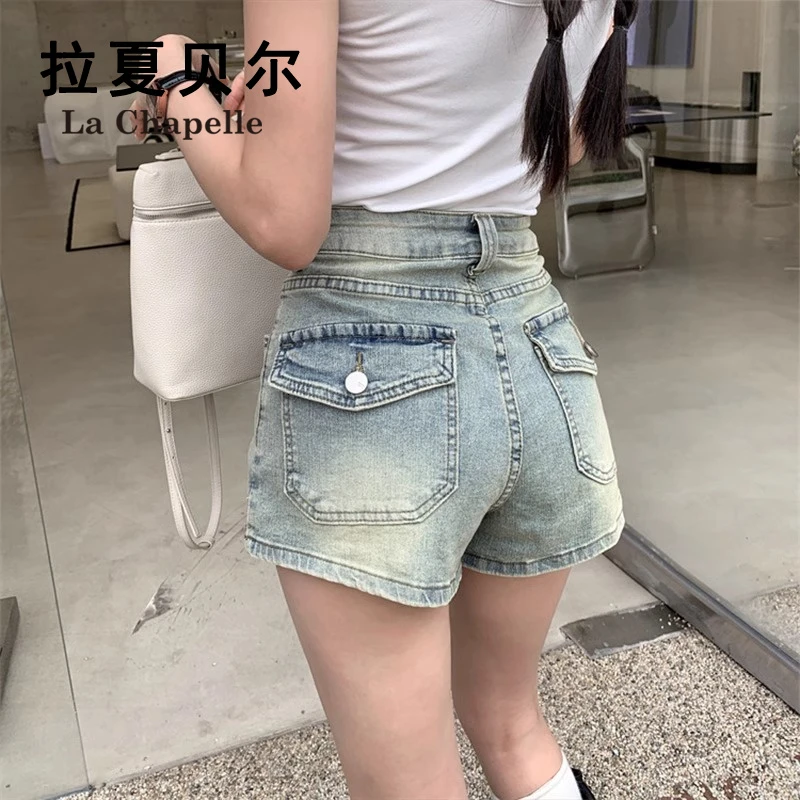 拉夏贝尔复古洋气牛仔短裤女高腰紧身显瘦设计感辣妹包臀美式热裤