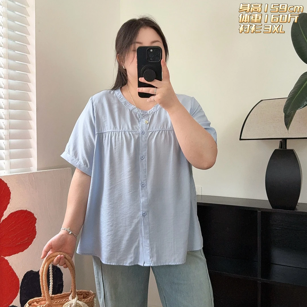 福福大码女装 正肩夏季薄款宽松显瘦短袖衬衫 休闲前短后长衬衣