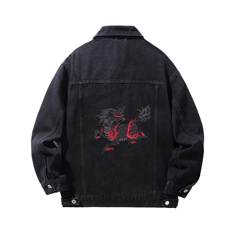 稻草人2025秋冬新款国潮刺绣黑色麒麟牛仔外套男士高品质重磅休闲