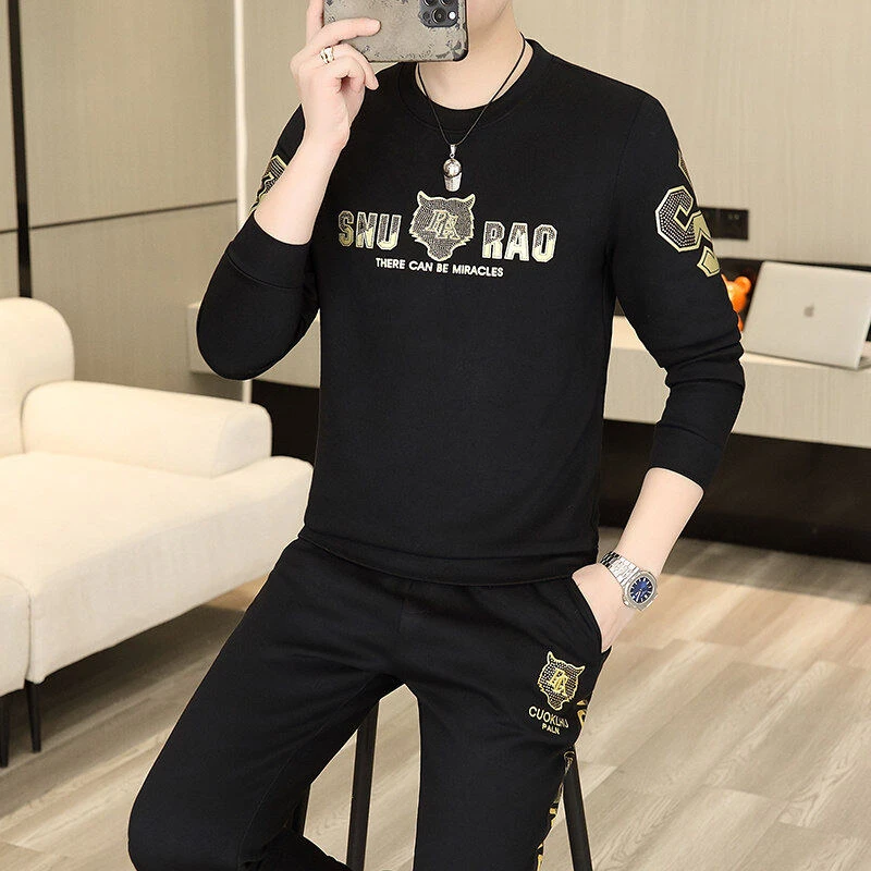 2025男士春季新款时尚运动潮流圆领长袖卫衣休闲裤套装