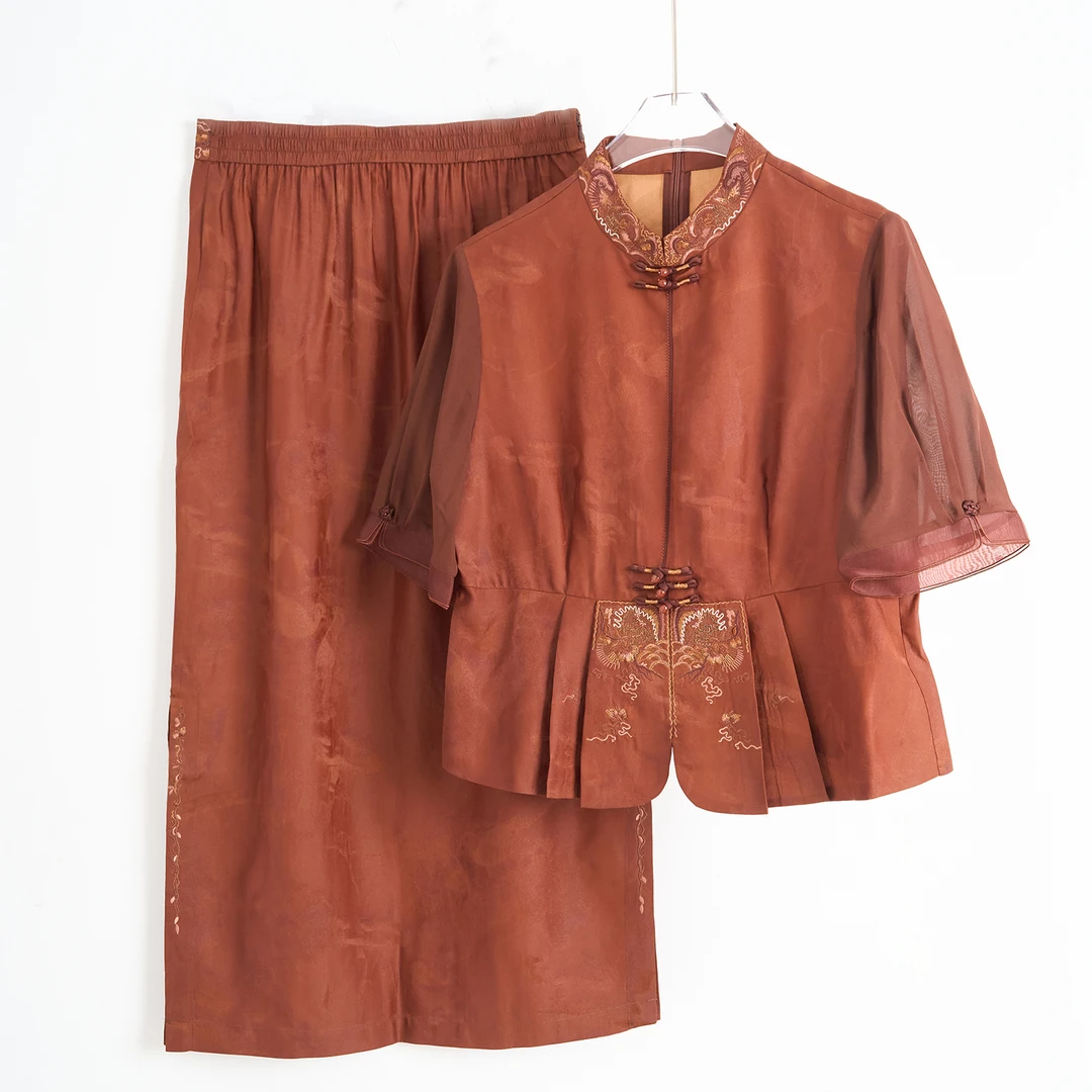 真帛 100桑蚕丝 新中式国风 气质 香云纱短袖半身裙套装 8399