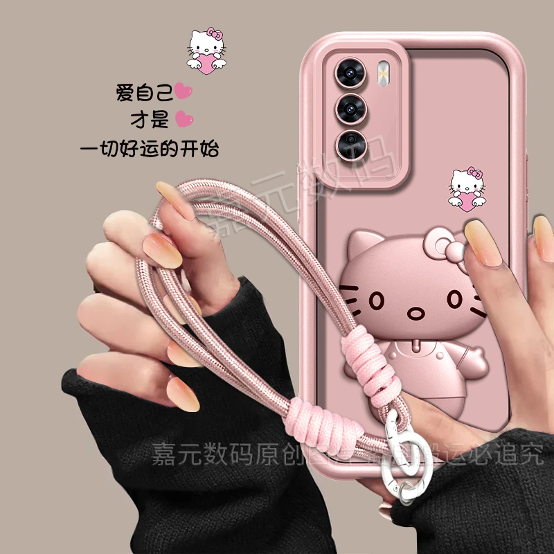 适用【opporeno12pro】爱自己香槟粉高颜值猫咪补妆镜支架手机壳女