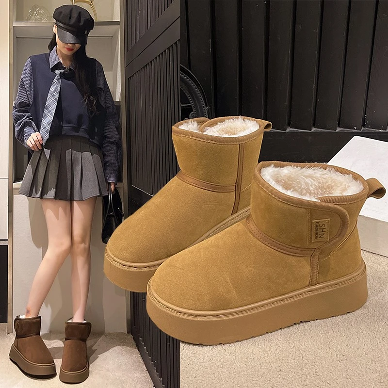 魔术贴加厚保暖短靴女2025冬季新款防风防滑松糕跟雪地靴厚底轻便