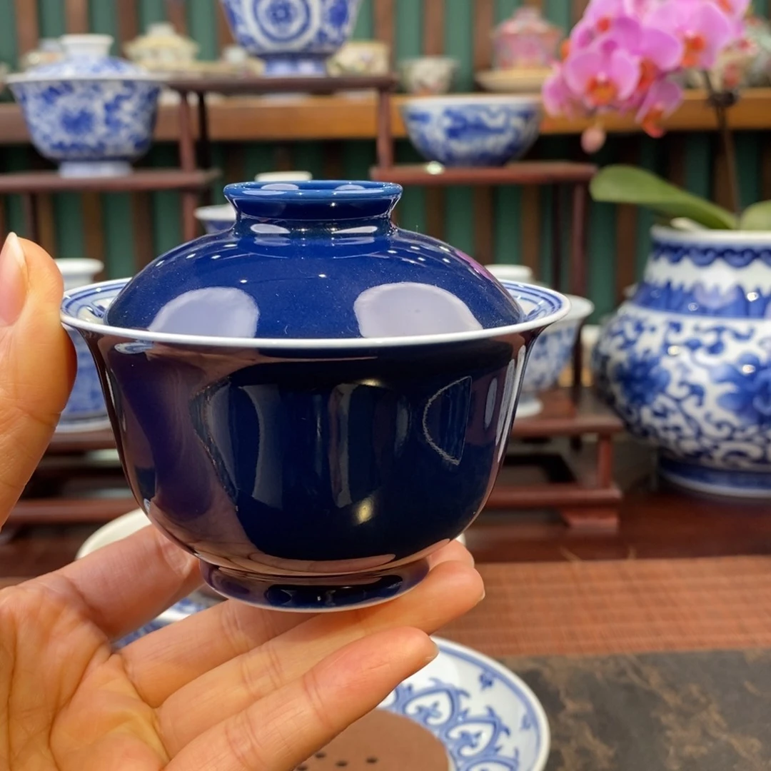 手工陶瓷柴窑霁蓝宝相盖碗