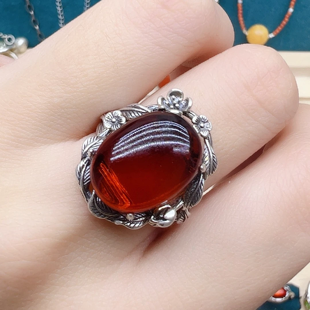 血珀戒指银S925镶嵌，