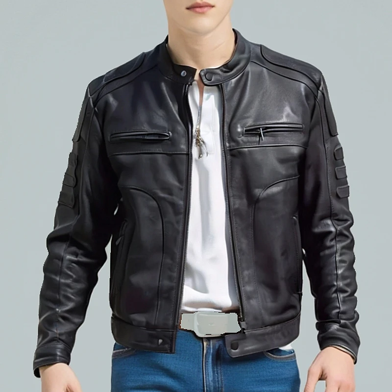 头层植鞣羊皮皮衣男大众立领短款机车修身皮夹克休闲春秋季皮外套