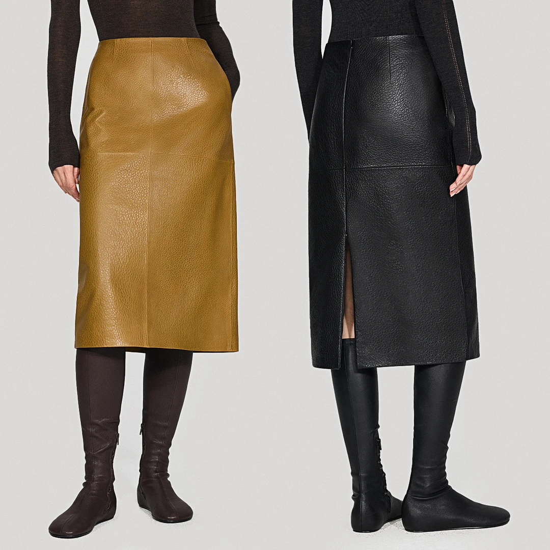 KEIGAN/开间英国油蜡植鞣头层泡纹羊皮柔软分割线后拉链真皮裙