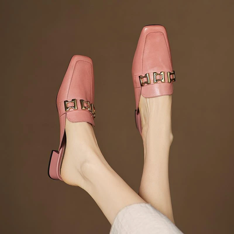 她他百伦2025新款真皮包头半拖鞋女夏季外穿懒人一脚蹬穆勒鞋凉拖