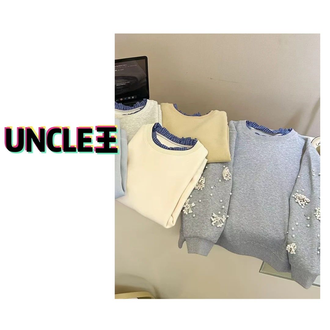 韩版淑女风衬衣领镶钻卫衣女春秋宽松慵懒风减龄