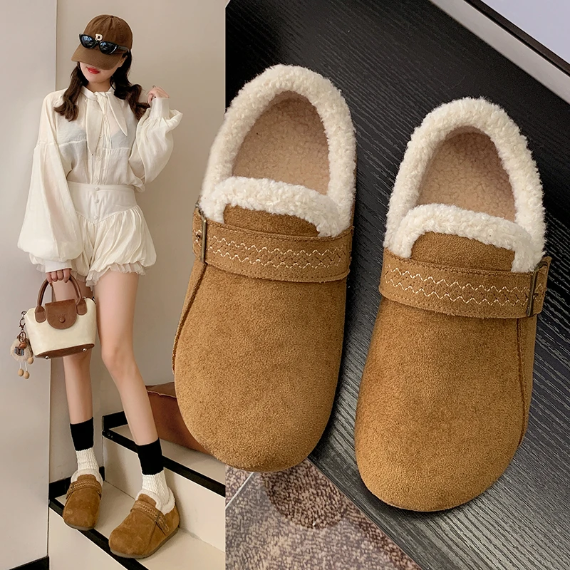 2025经典复古女款勃肯鞋棉鞋秋冬加绒一脚蹬女鞋冬季纯色雪地靴