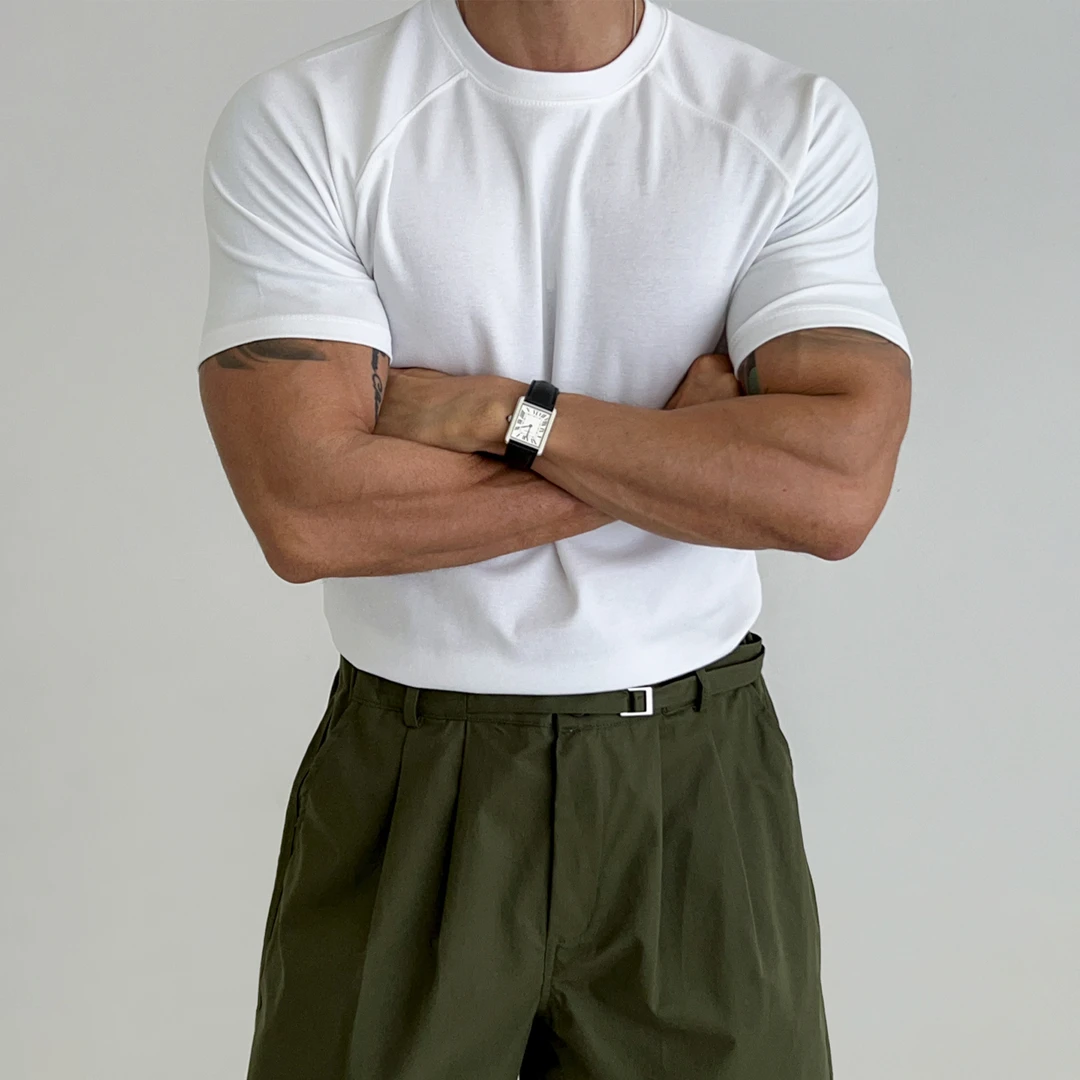 夏季2025新款美式正肩短袖T恤男士上衣潮流纯色圆领修身百搭透气