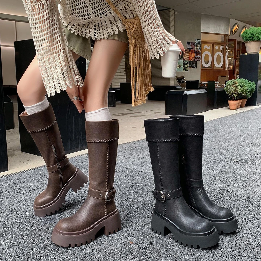 小个子厚底高跟不过膝长靴女2025新款真皮圆头皮带扣高筒骑士靴子