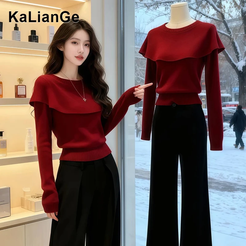卡莲格/高级感新年红羊毛针织衫女2026秋冬假两件斗篷式显瘦毛衣