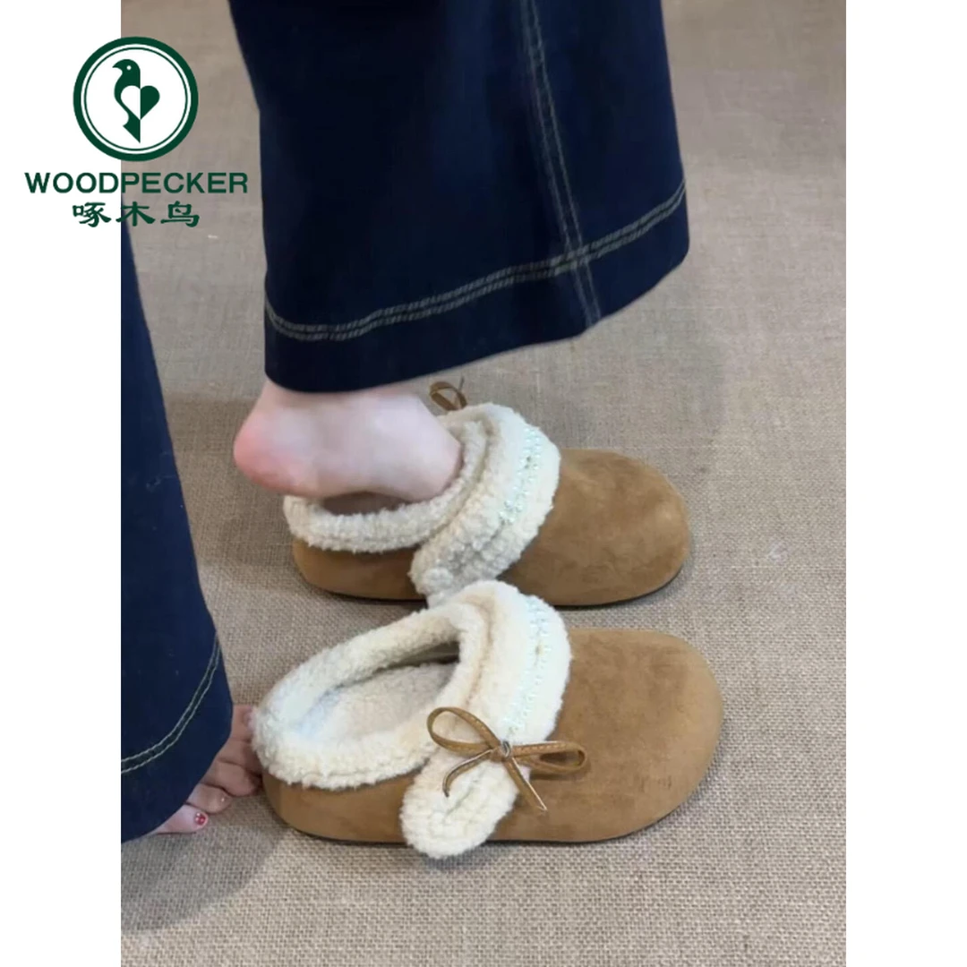 啄木鸟法式厚底包头拖鞋女外穿冬季复古加绒保暖勃肯毛毛鞋子厚底