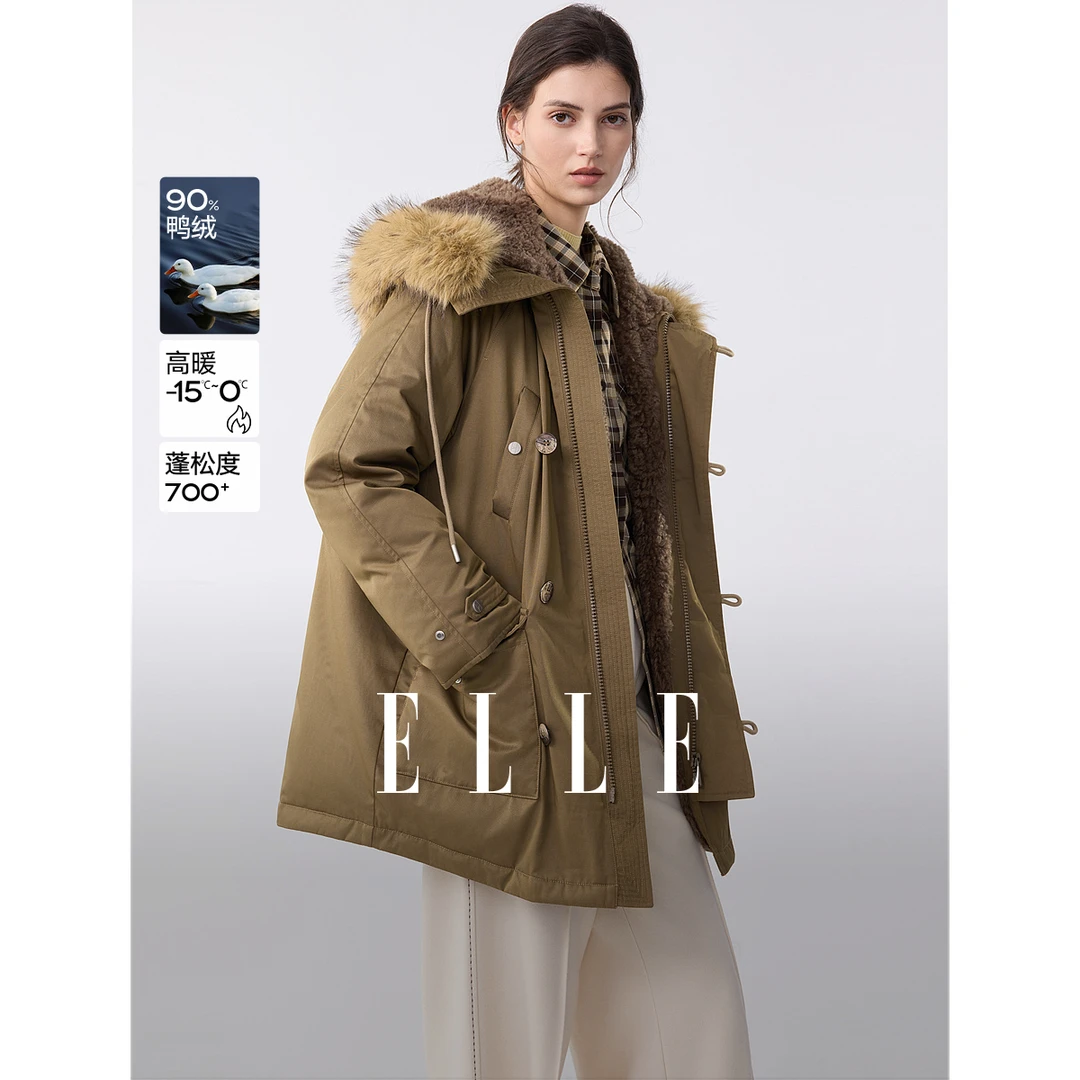 ELLE女装90白鸭绒毛领连帽羽绒服25冬新款宽松派克服外套L8WYS253