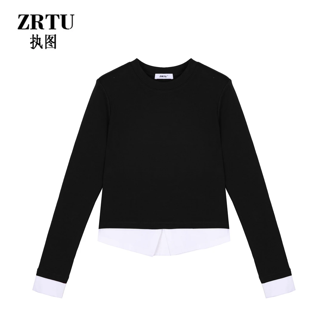 ZRTU/执图秋季新款女士长袖假两件T恤圆领休闲上衣百搭