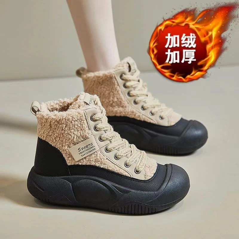 2025秋冬新款复古时尚真皮百搭高帮鞋防滑软底加绒女鞋款增高4cm