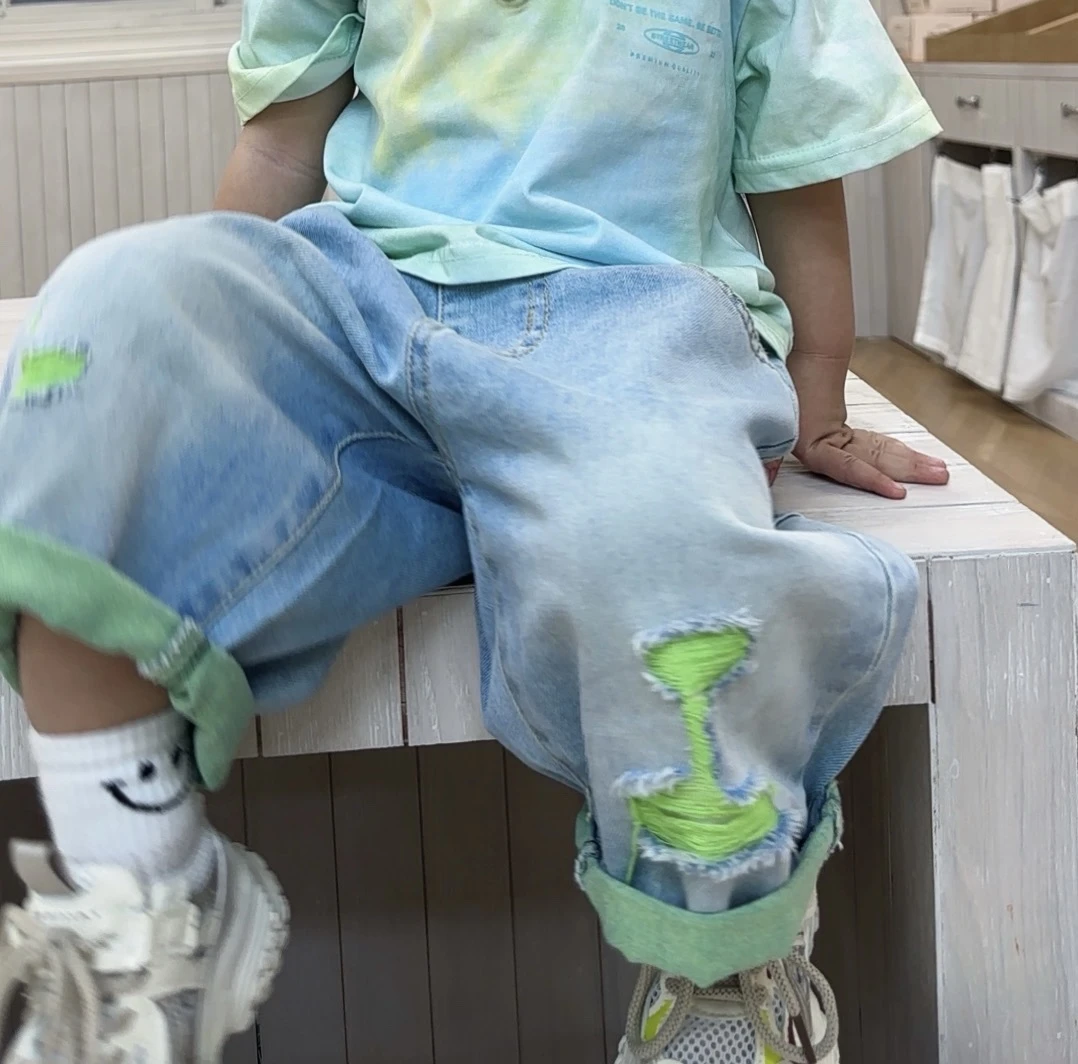 【棉逗熊夏款】男童韩版夏季休闲中大童百搭工艺牛仔裤-15329